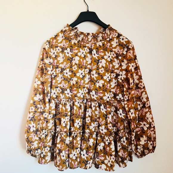 Hayden Los Angeles Ruffled Long Sleeve Baby Doll Mustard Floral Blouse - Picture 5 of 5